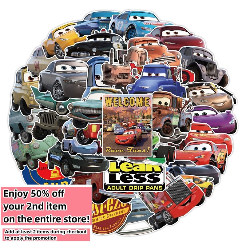 50 Pcs Stickers Disney Pixar Cars McQueen Luggage Car Phone Fridge Bottle Vinyl