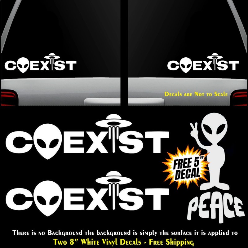 Coexist Peace Alien Two 8″ White Vinyl Decals Window Vehicles Any Flat Surface