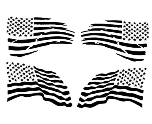 American Flag Waving Decal 4 Pack: Normal and Distressed Small ~4″ Matte-black