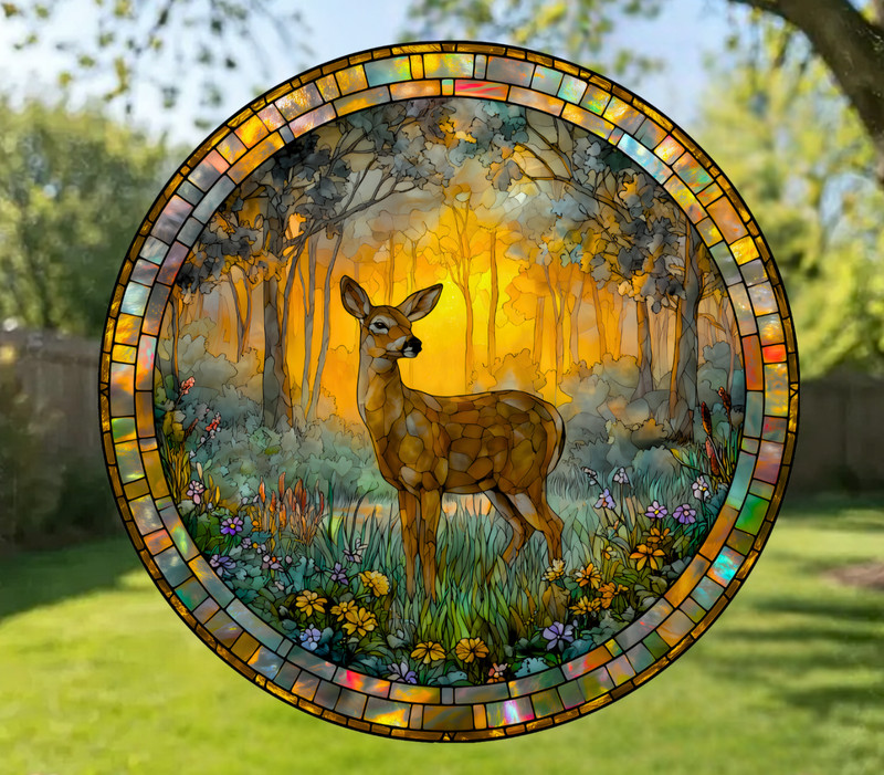 Deer Faux Stained-Glass WINDOW CLING Size 8" Round, Repositionable Vinyl gallery
