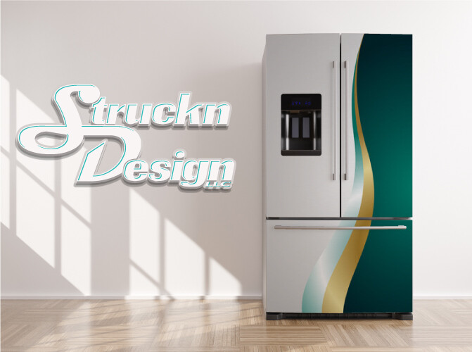 Modern Dark Green Silver Gold Waves Fridge Freezer Wrap Side Door Vinyl Decal