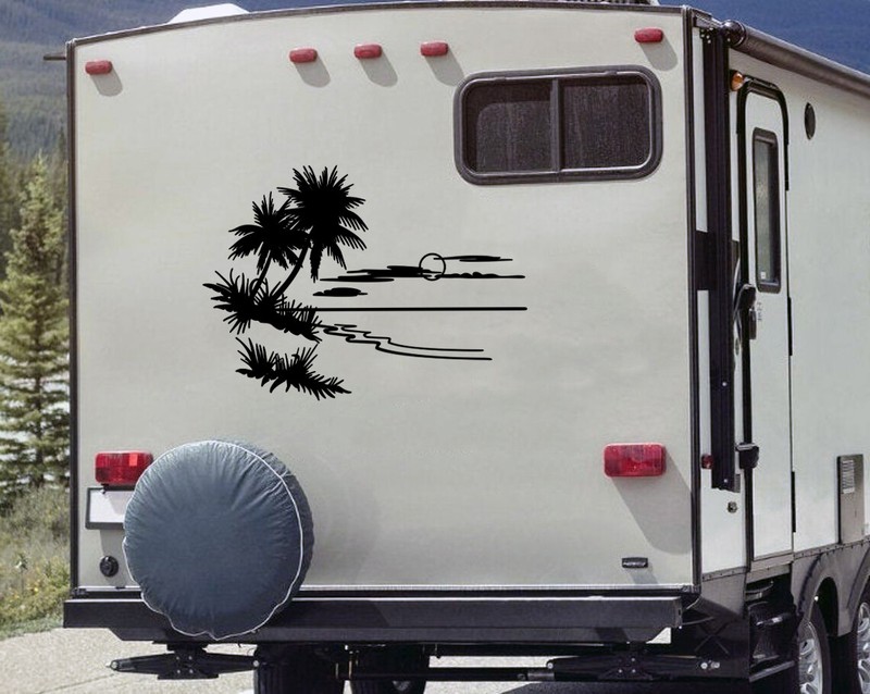 Beach Scene with Palm Trees Vinyl Decal V1 | RV Graphics Travel Die Cut Sticker
