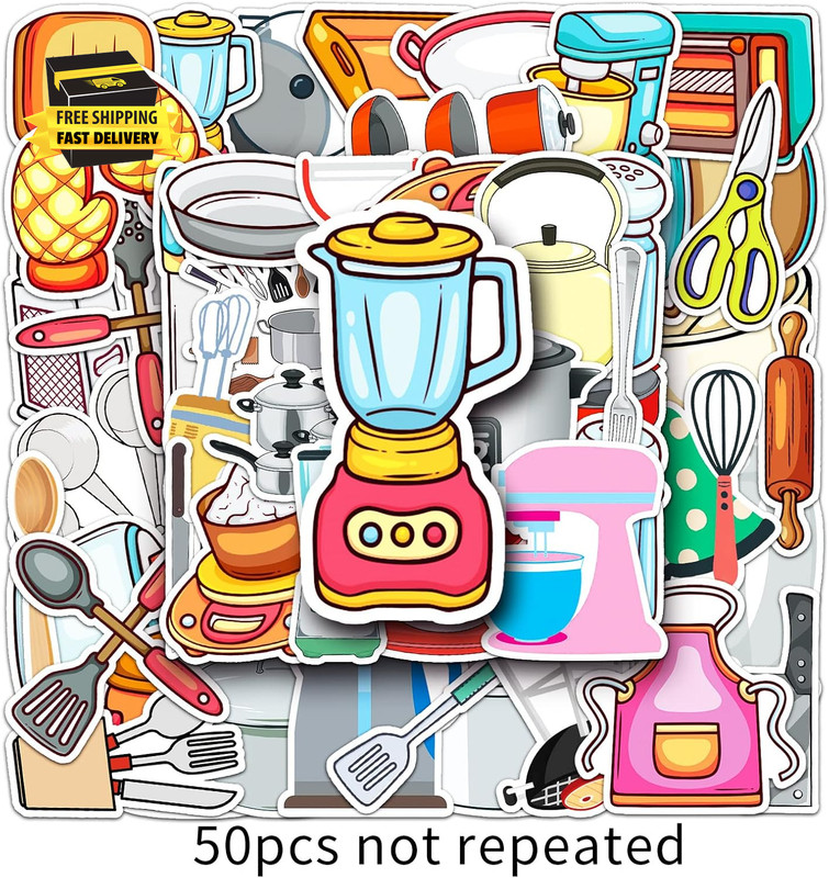 50Pcs Daily Kitchen Utensil Stickers for Water Bottle,Waterproof Viny Stickers f gallery