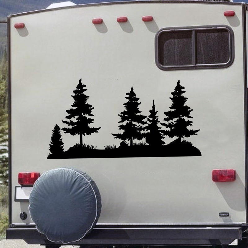 Pine Tree Landscape Scene Vinyl Decal V2 – Forest Silhouette Sticker – 20 Colors gallery