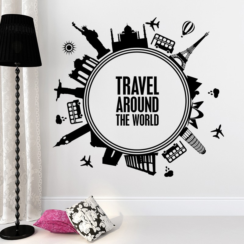 Travel Around The World Wall Decal Quote Decal Bedroom Decor Home Sticker 688