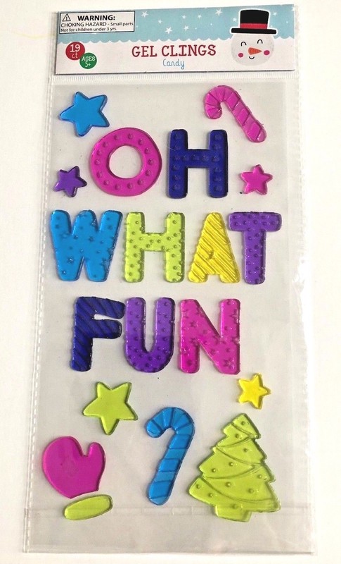 Holiday Oh What Fun Xmas Window Gel Sticker Cling Decor classroom tree mitten