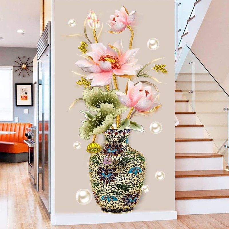 Chinese Style Lotus Flower Classical Vase Wall Sticker Pearl Living Room Art …
