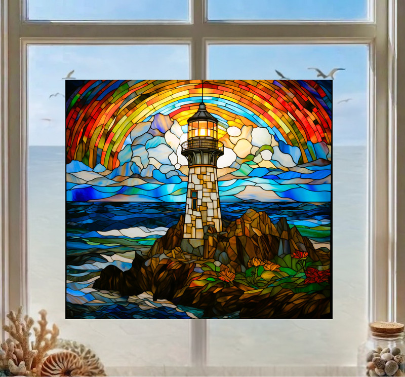 Lighthouse Faux Stained-Glass WINDOW CLING Size 9.1" Repositionable Vinyl