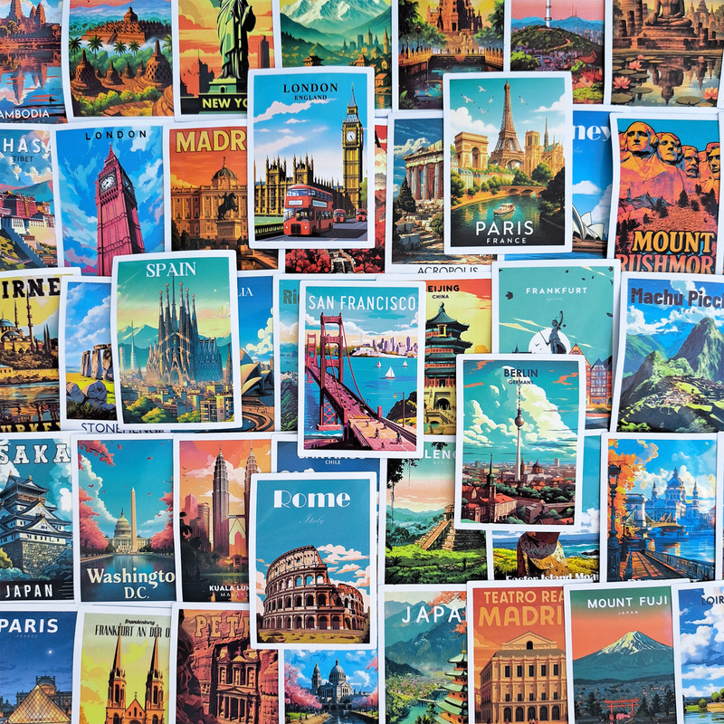 50 PCS World Travel Sticker Pack Famous Landmark City Postcard Wanderlust