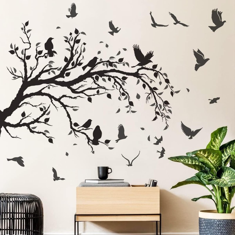 Black Tree Branch Flying Birds Wall Decal 50"" × 30"" DIY Birds Left to Right gallery