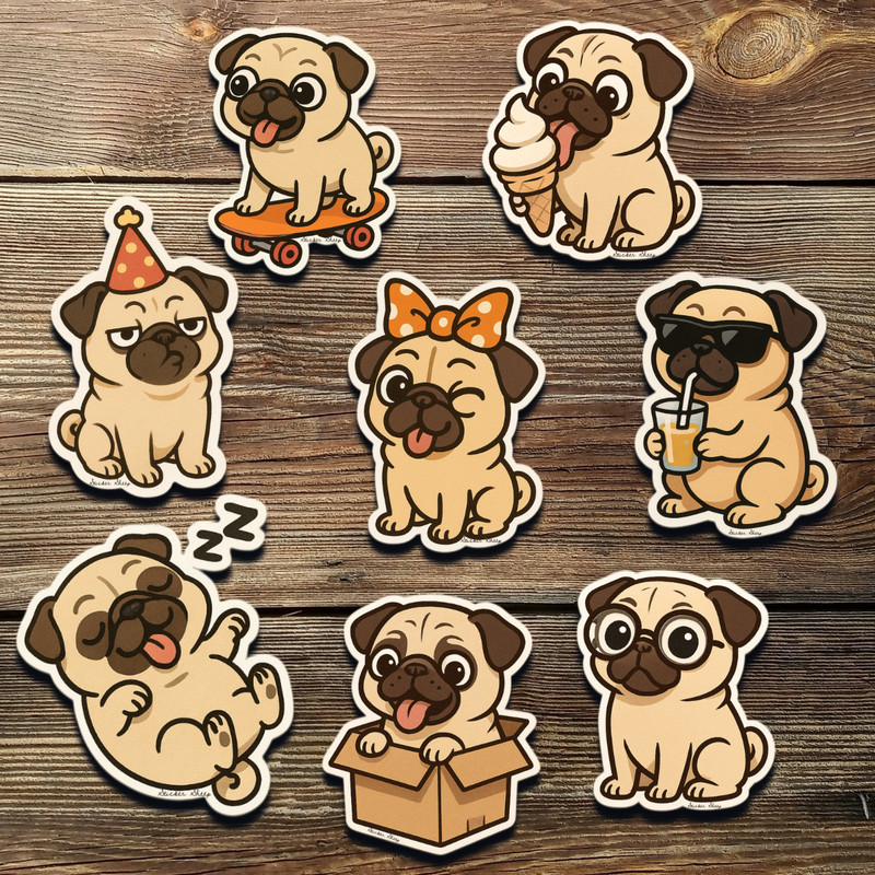 Funny Pug Dog Stickers – Cute Chibi Vinyl Set for Laptop, Scrapbook & Planner