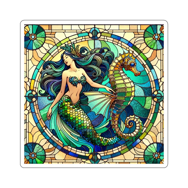 Sticker Stained Glass Style Art Mermaid Seahorse Nautical 2×2″ 3×3″ 4×4″ 6×6″