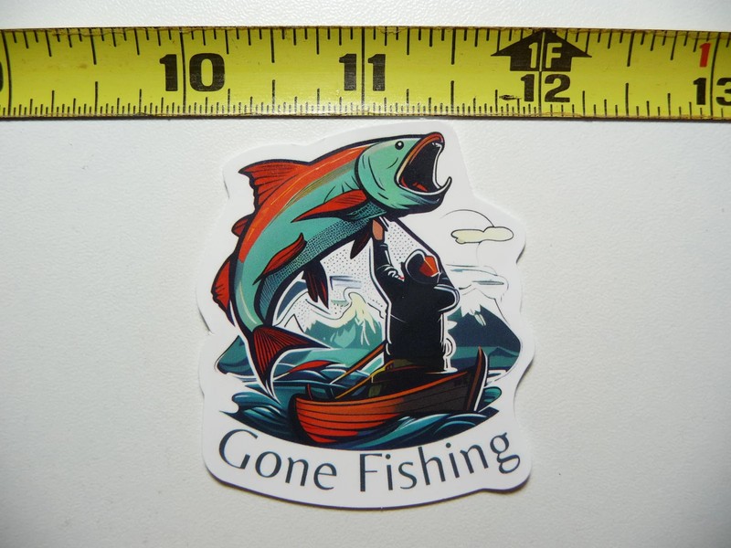 HUGE FISH BOAT MAN GONE FISHING SMALL STICKER DECAL SPORT HOBBY FAN SPORTSMAN