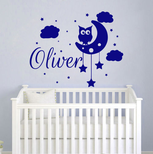Name Wall Decals Owl Decal Vinyl Nursery Bedroom Moon Stickers Stars Art MN169