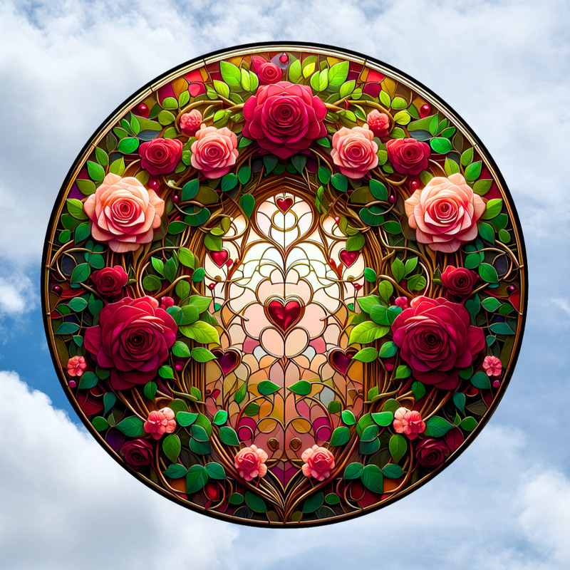Roses & Heart Faux Stained-Glass WINDOW CLING Suncatcher Size 8" Round gallery