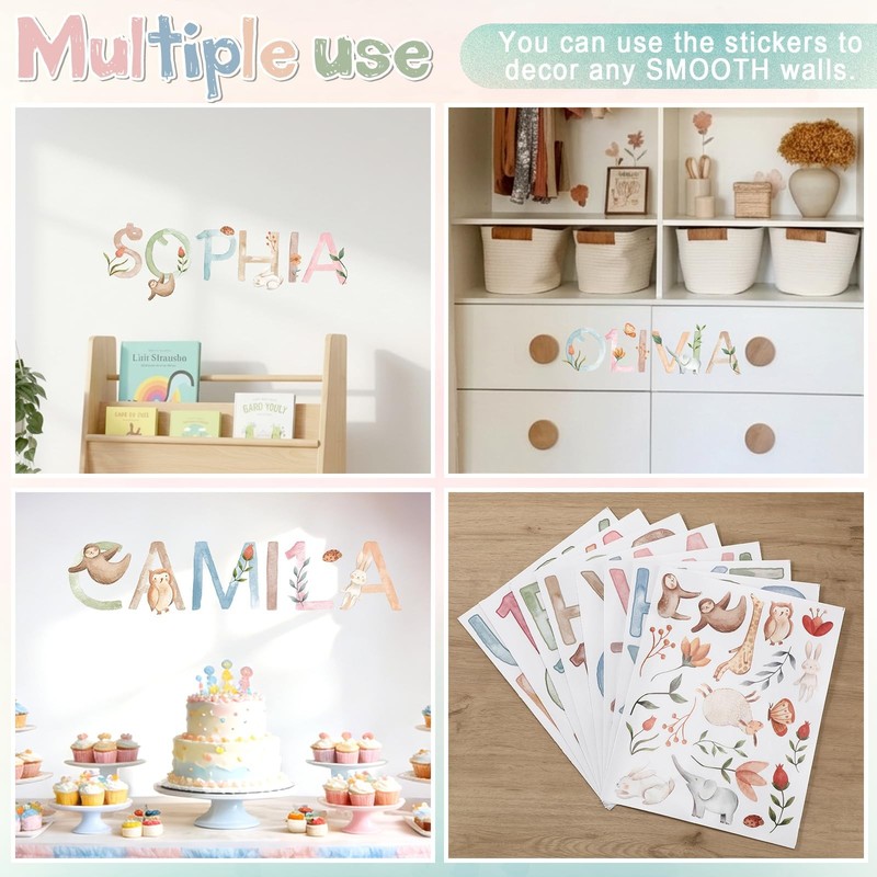 8 Sheets Watercolor Name Wall Decal Sticker Woodland Animal Vinyl Alphabet St... gallery