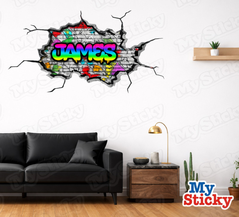 Custom Graffiti Name Wall Decal 3D Brick Breakthrough Personalized Room Sticker gallery