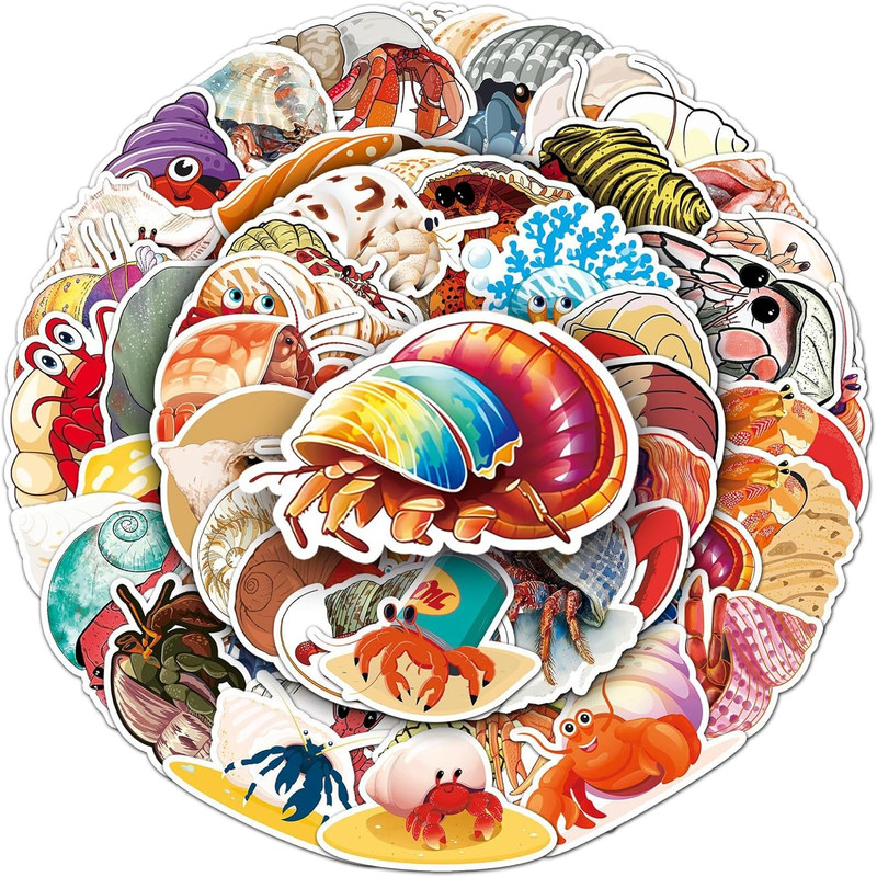 50 Pcs Unique Hermit Crab Stickers, 1.5-3 Inches Waterproof Vinyl Decals for Jou