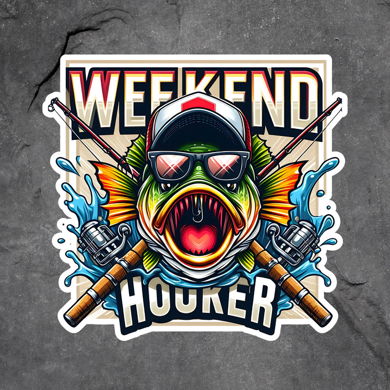 Bass fishing sticker vinyl decal weekend hooker fish rods sunglasses design