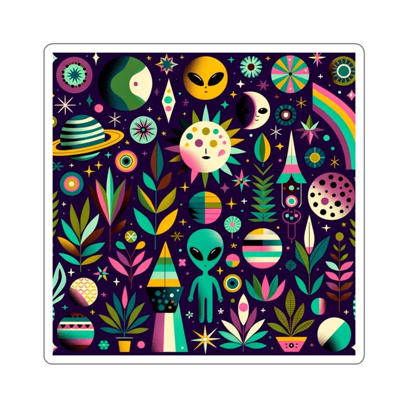 Sticker Cosmic Alien Garden Whimsical Pattern Artwork Hipster 2×2″ 3×3″ 4×4″ 6×6