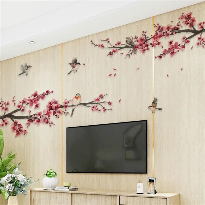 Watercolor Tree Branch Blossom Bird Wall Sticker Bedroom Living Room Background gallery