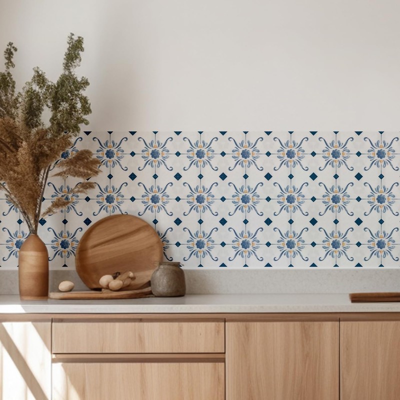 16 Pack, 5.9 Inch Blue and Gold Tile Decals, French Country Watercolor Vinyl ... gallery