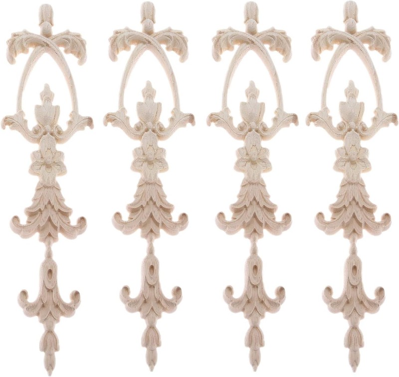 Long Frame Onlays Appliques, Wood Carved Decals, 4-Pack Unpaint Wooden Carvin...