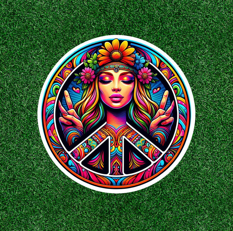 Hippie Girl peace symbol 100% waterproof vinyl sticker decal – many sizes