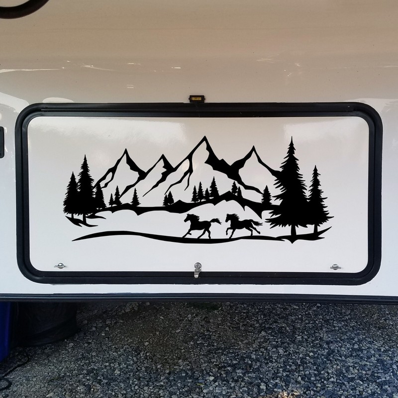 Horses Running Mountains Forest Scene Vinyl Decal V3 - Camper Graphics - Die Cut gallery