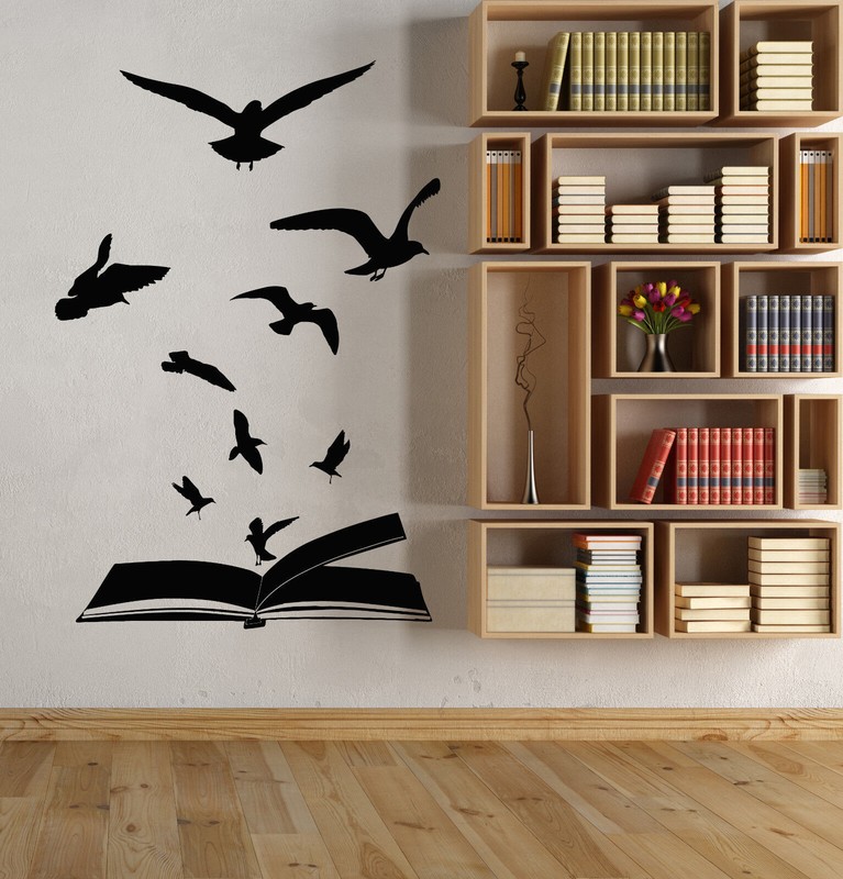 Vinyl Wall Decal Open Book Flock Of Birds Learning Library Stickers (1882ig)