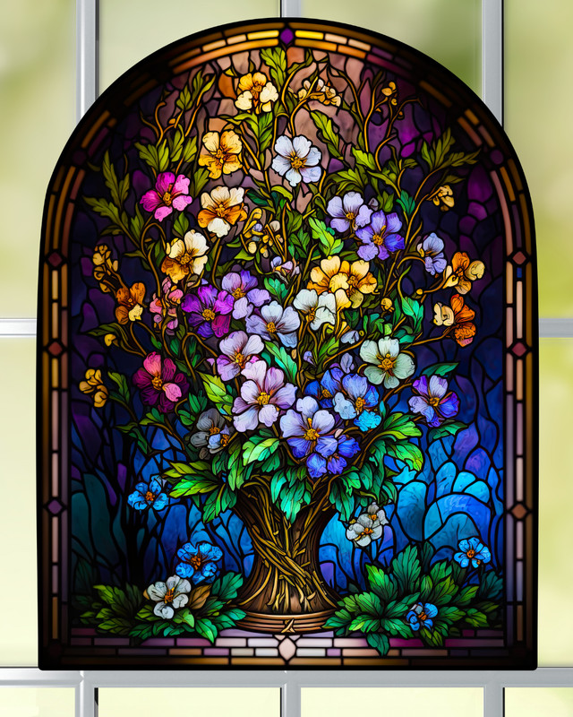 Primroses Faux Stained-Glass WINDOW CLING Size 10.3" Arch Shape ~ Vinyl