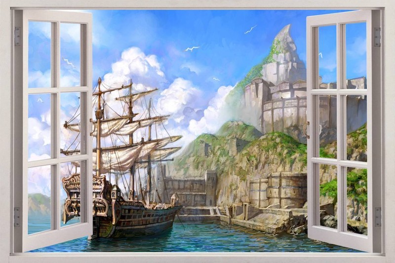 Fantasy Harbour 3D Window View Decal WALL STICKER Home Decor Mural Ocean Ship