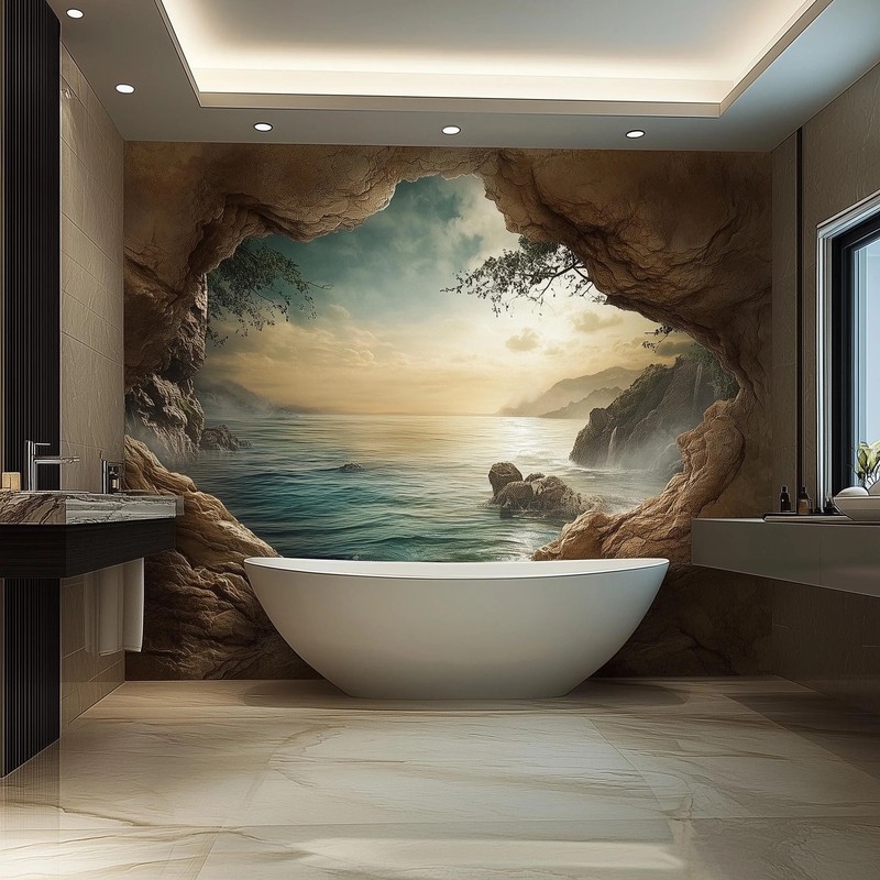 3D Ocean Cave Wall Mural | Luxury Bathroom Wallpaper