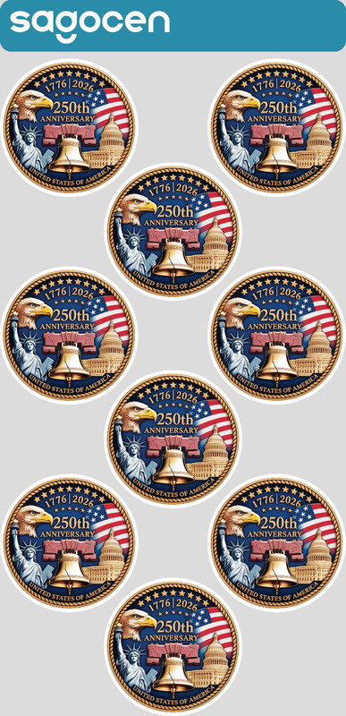 9pcs 250th Anniversary of USA Sticker Sheet 2″ Patriotic Eagle Flag Liberty Bell