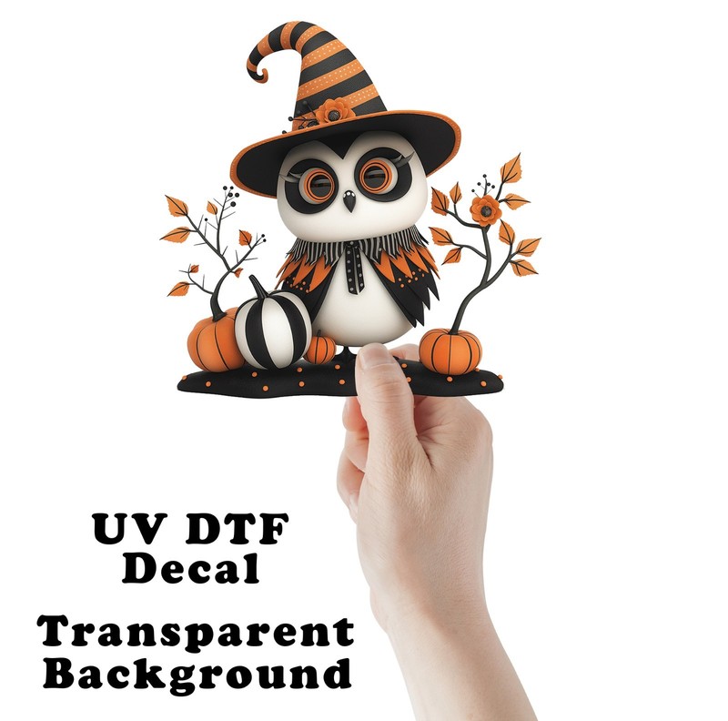 White and Orange Halloween Owl UV DTF Transparent Sticker / Decal