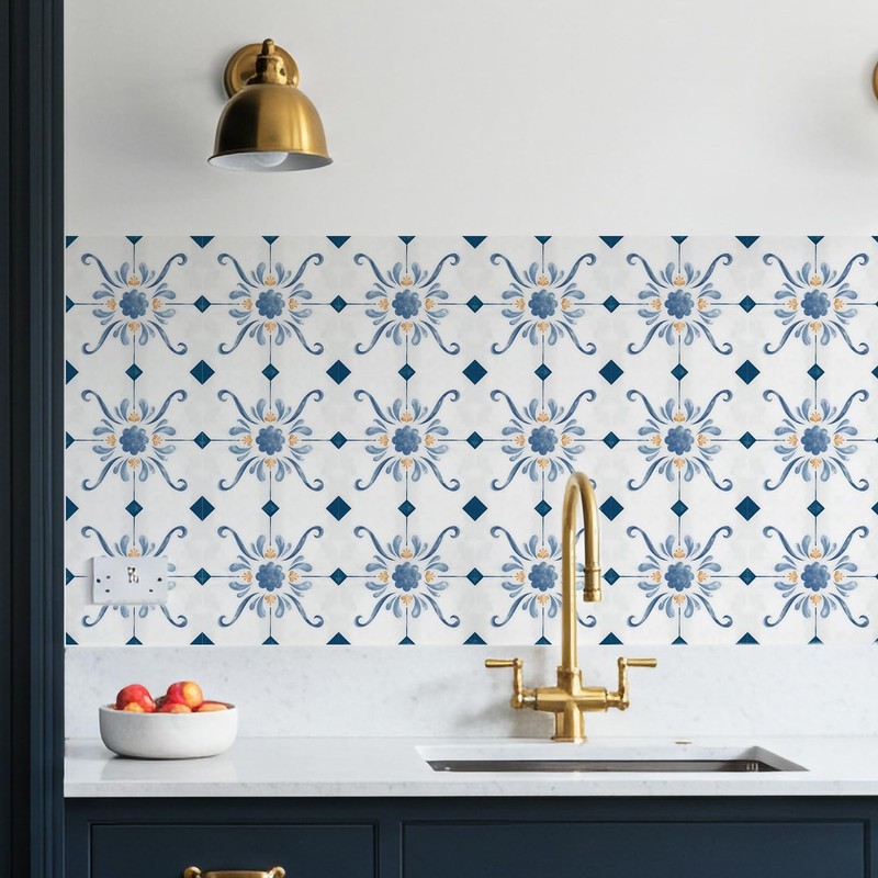 16 Pack, 5.9 Inch Blue and Gold Tile Decals, French Country Watercolor Vinyl ... gallery