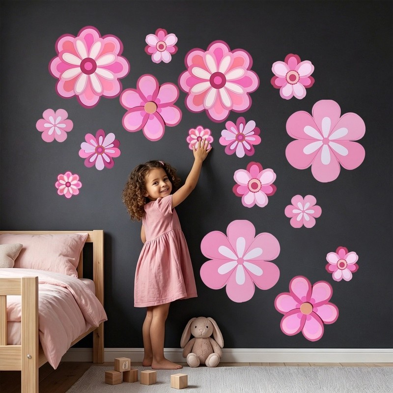 Pink Flower Wall Stickers 16pcs Waterproof Vinyl Decals for Nursery Bedroom