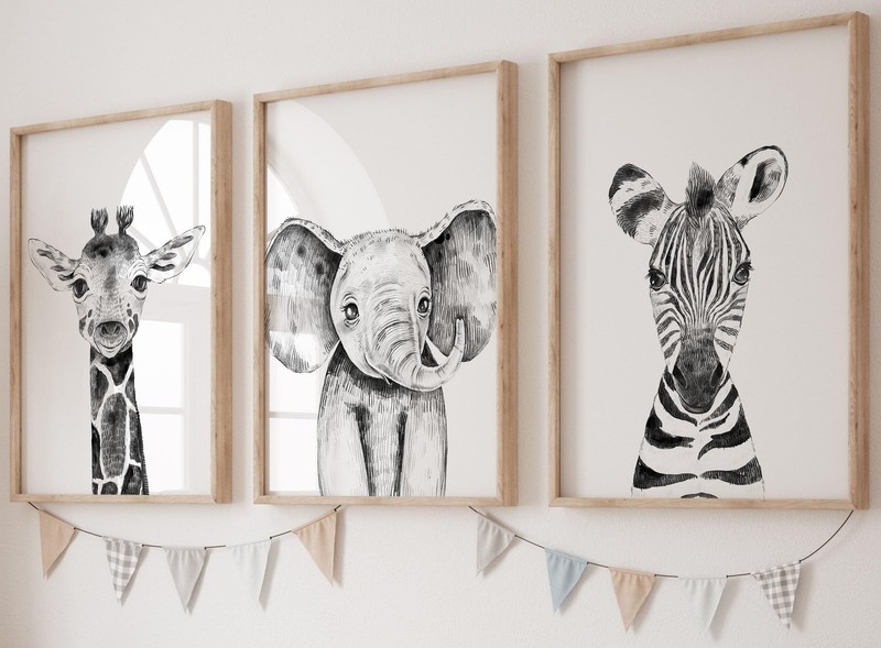 Safari Animals Baby Girl or Boy Set of 3 Nursery Unframed Prints, Bedroom Dec…