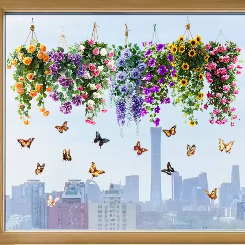 Static Cling Window Decals Floral Basket Birds Butterfly Pattern PVC Sticker gallery