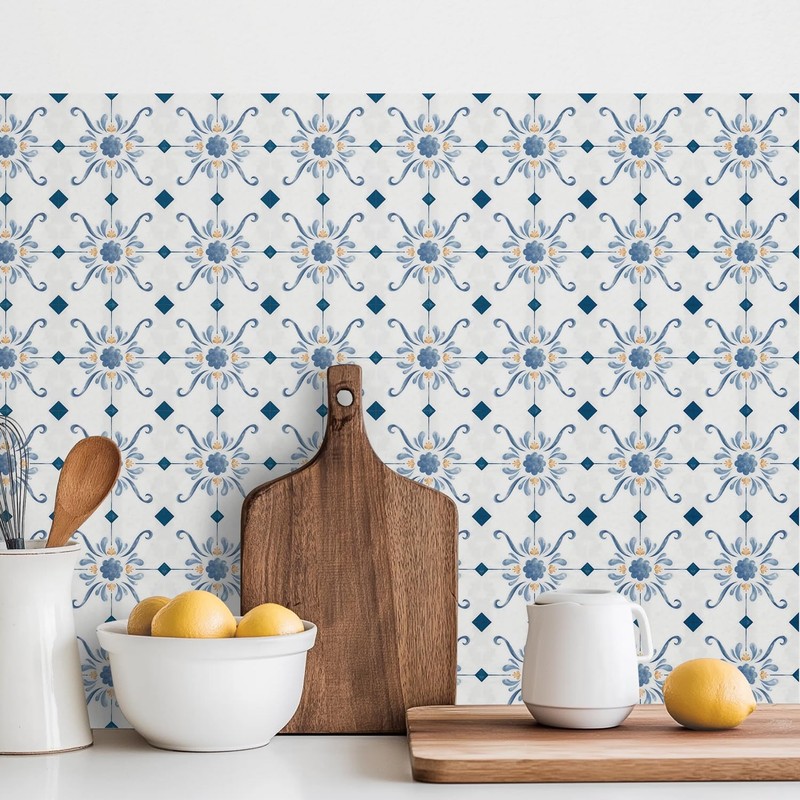 16 Pack, 5.9 Inch Blue and Gold Tile Decals, French Country Watercolor Vinyl ... gallery