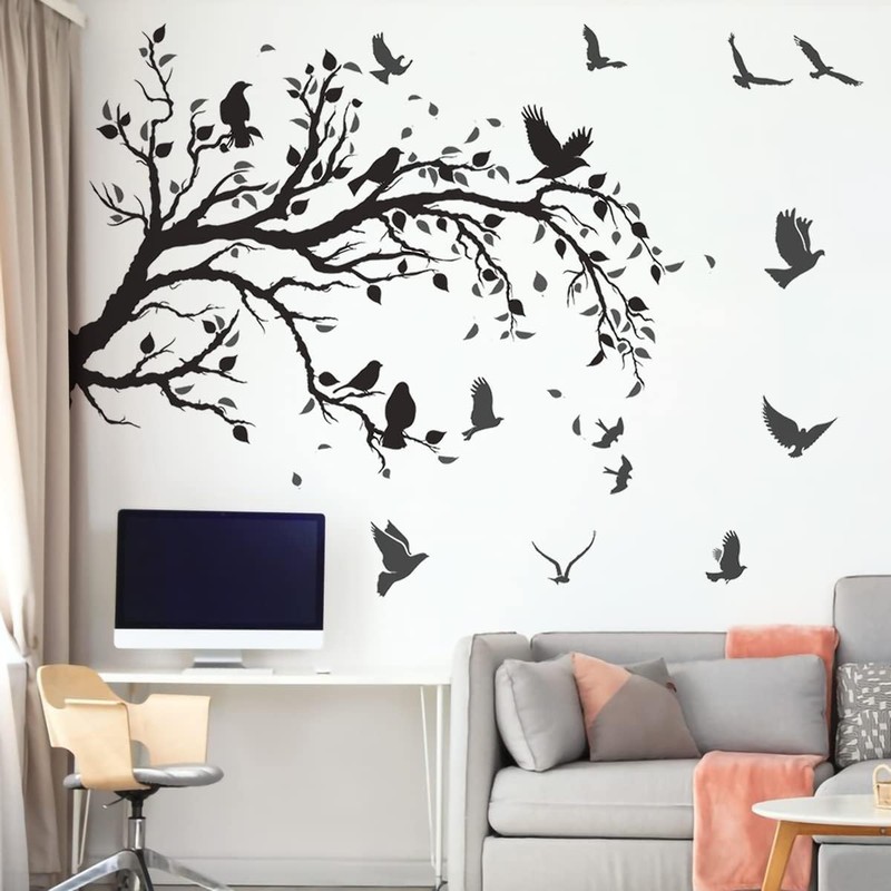 Black Tree Branch Flying Birds Wall Decal 50″” × 30″” DIY Birds Left to Right