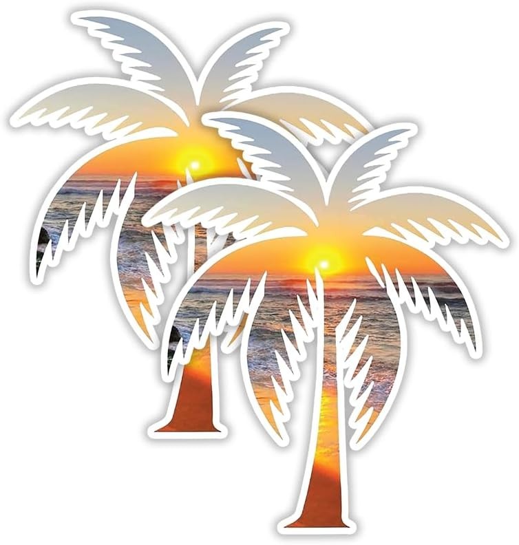 Tropical Palm Tree Beach Sunset Bumper Sticker 5 H” x 4.35 W” MacBook Car Decal
