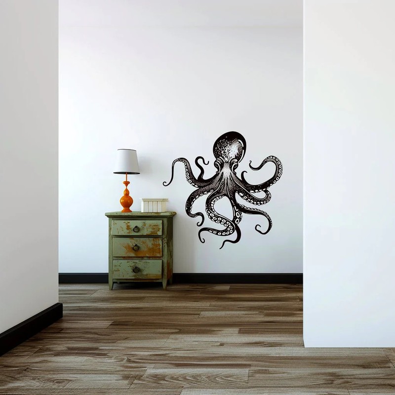 Elegant Octopus Wall Sticker Decals | Detailed Black Nautical Wall Art gallery