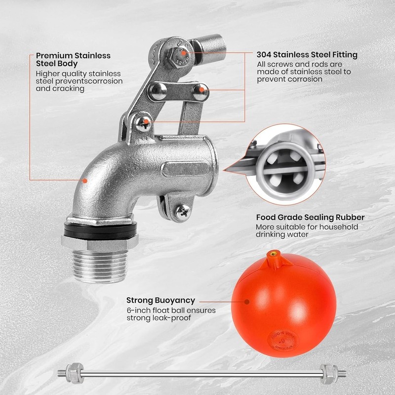 3/4 Inch Stainless Steel Float Valve for Water Tank, Heavy-Duty Design with Adju gallery