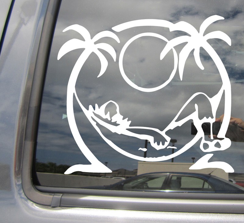Lazy Paradise Palm Trees Hammock Sun Hawaii Car Bumper Vinyl Decal Sticker 05034