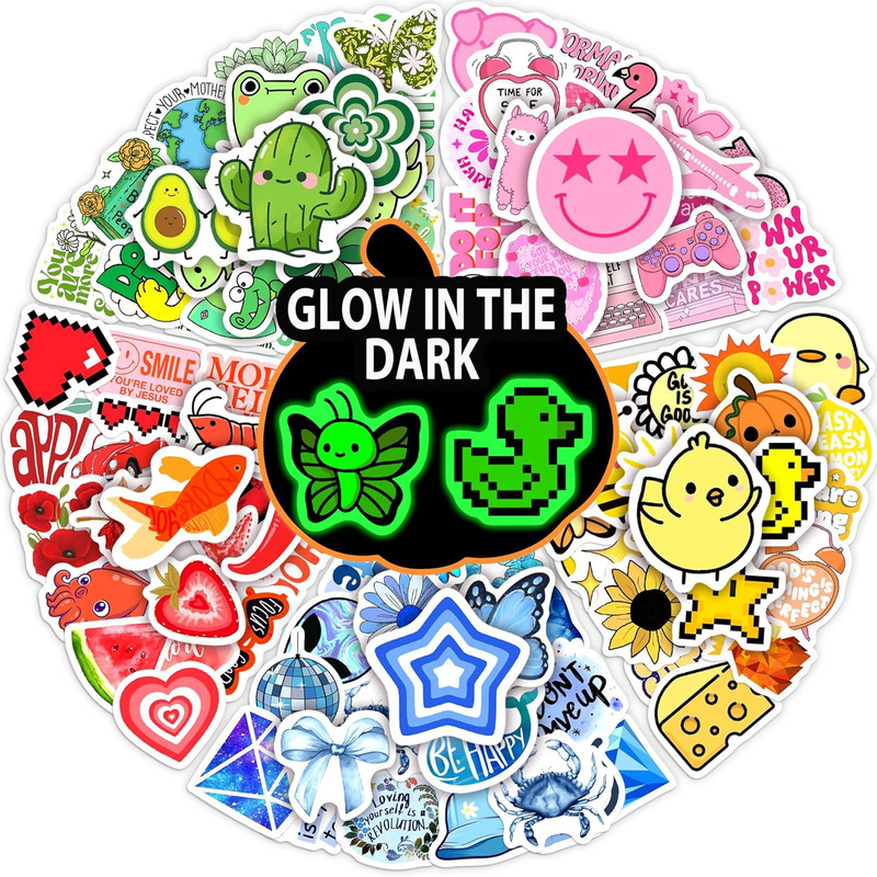 120 Pcs Glow in the Dark Funny Water Bottle Stickers for Kids, Cute Cartoon Wate
