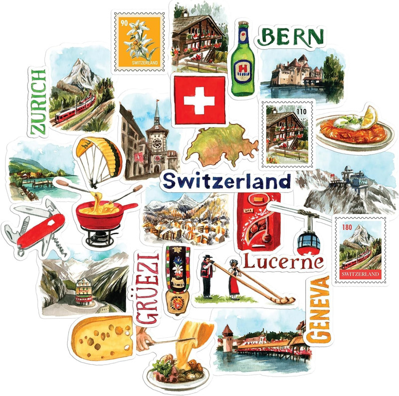 Stunning Switzerland Travel Stickers (31Pcs)-Watercolor, Waterproof, Country The