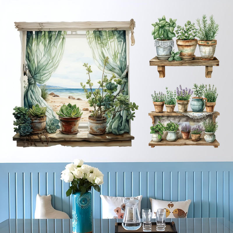 3D Potted Plant Fake Windows Wall Decals Green Plants Succulent Wall Stickers gallery