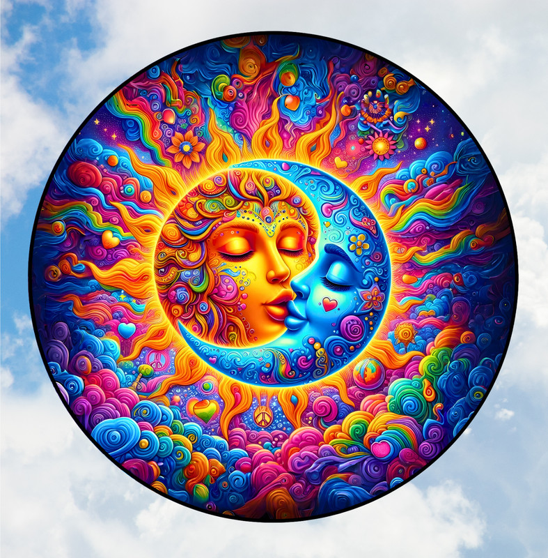 Sun & Moon Kiss Faux Stained-Glass WINDOW CLING Sun-catcher Size 8″ Round Vinyl