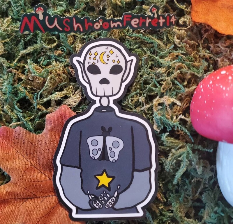 Handmade “Skeleton in Moth Shirt” die cut sticker. See description!